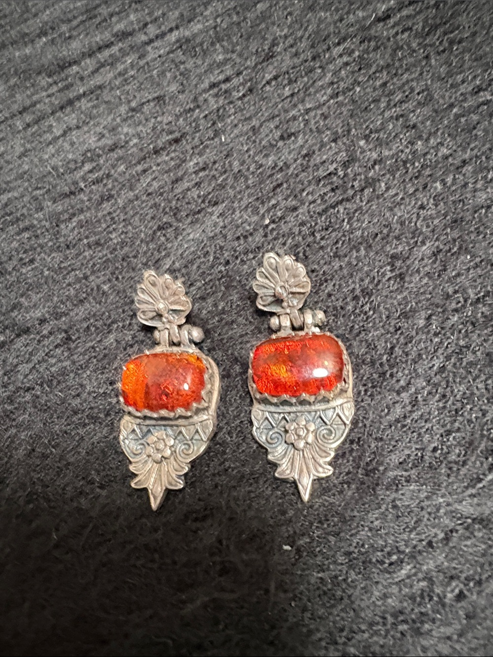 Vintage Sterling Silver Drop Earrings with Natural Baltic Amber Cabochon Stones